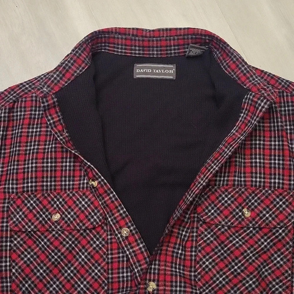 🛍David Taylor Thermal Red Plaid Collared Button Up Flannel Mens Size Large - Picture 7 of 9